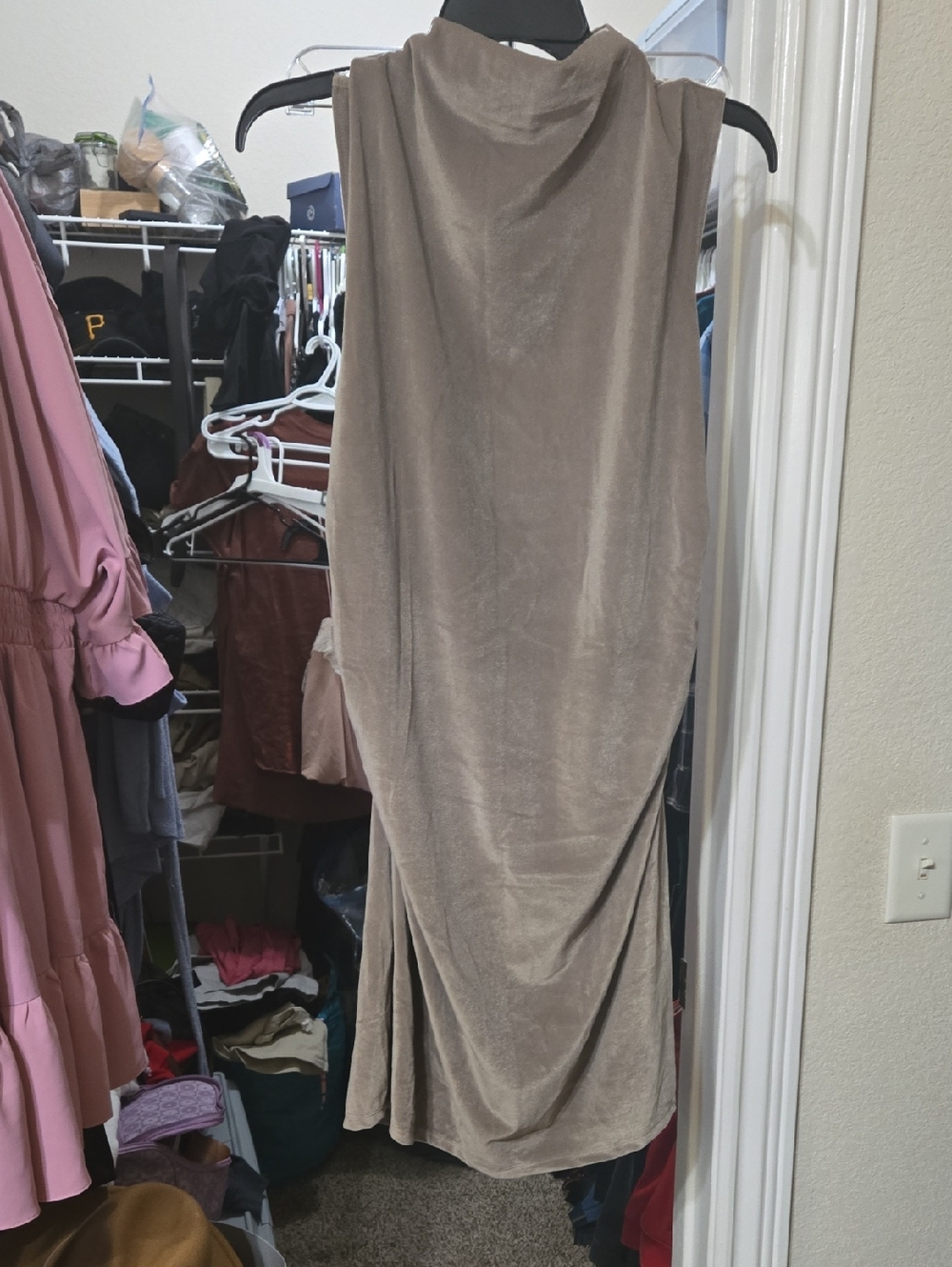 High Neck Sleeveless Taupe Velvet  Dress